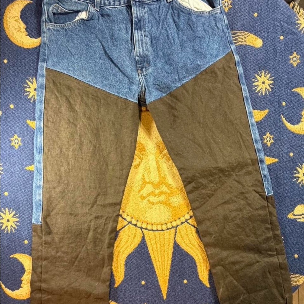 Wrangler Denim and Brown Leather Patch Pants